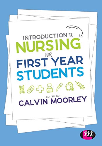 Textbook cover, likely blue, with nursing imagery and title: “Introduction to Nursing”.