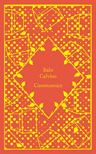 Red book cover with white geometric shapes and the title “Cosmicomics”.