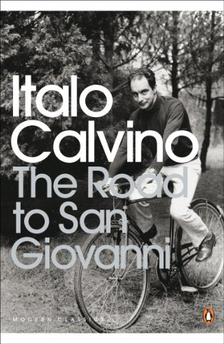 Black and white book cover featuring Italo Calvino sitting on a bicycle outdoors.