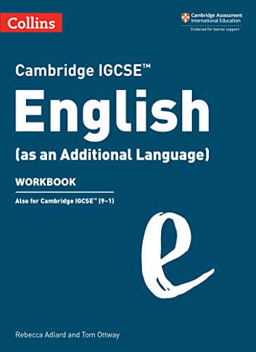 Dark blue workbook cover with white text: "Cambridge IGCSE English" and a white brushstroke 'e'.