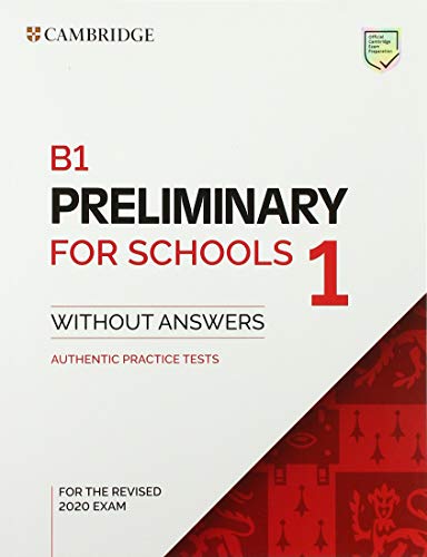 White textbook cover with red and orange geometric design, titled "B1 Preliminary for Schools 1".