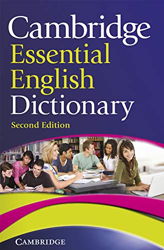 Cover of the Cambridge Essential English Dictionary showing a group of students studying together.