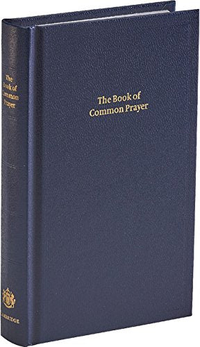 A dark blue imitation leather Book of Common Prayer with gold lettering on cover.