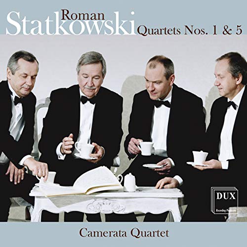 Four men in tuxedos with teacups, album cover for Statkowski quartets.