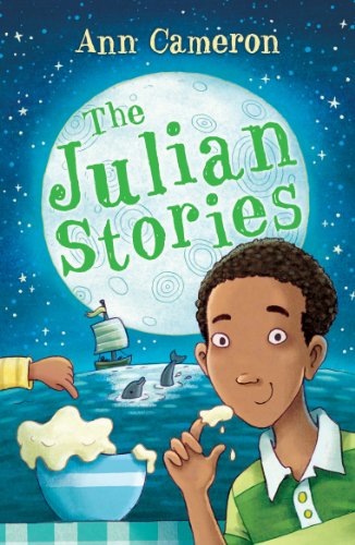 Book cover for The Julian Stories featuring a boy eating near a moonlit sea.