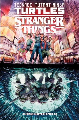 Comic book cover showing Stranger Things characters above and Ninja Turtles reflected below in water.