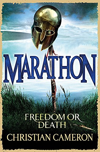 Book cover: Spartan helmet against a cloudy sky, titled "Marathon.