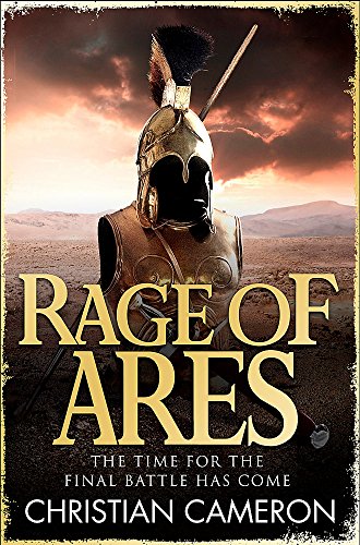 Book cover: armored warrior with spear, dramatic sky, and title "Rage of Ares".