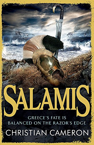 Book cover: ancient Greek helmet and sword against stormy seas, title "Salamis".