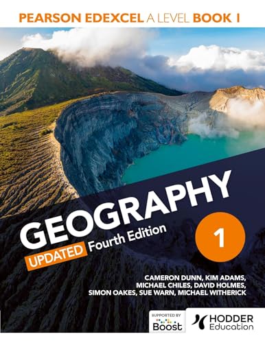 Textbook cover for Pearson Edexcel A Level Geography Book 1 featuring a volcanic crater.