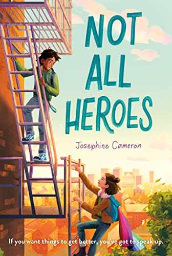Book cover: two young people climbing a fire escape, teal background.