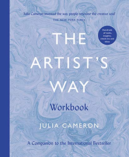 Book cover for The Artist's Way Workbook by Julia Cameron with blue marbled background.