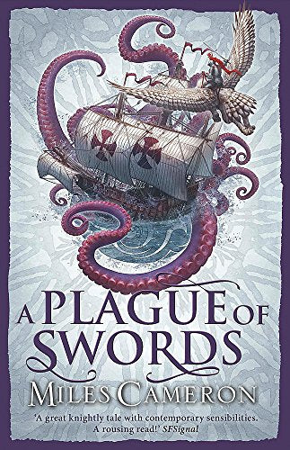 Book cover: ship attacked by tentacles, winged dragon, and stormy sea.