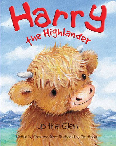 Book cover featuring a fluffy Highland cow against a blue sky and mountain background.