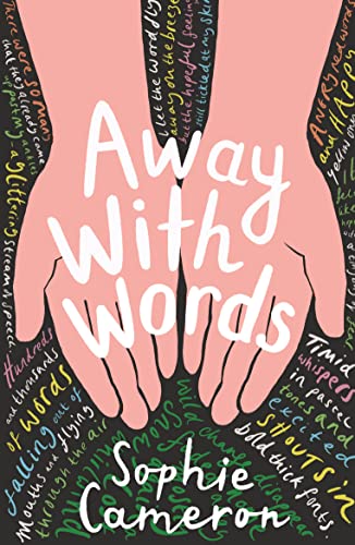 Book cover: “Away With Words” with hands and scattered text.