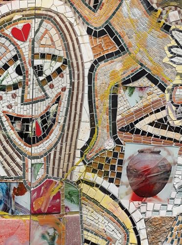 Mosaic artwork depicting a face with a red heart and vase.