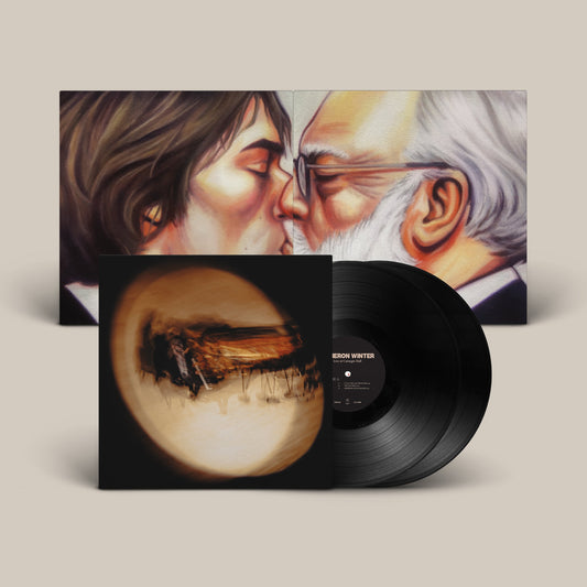 Vinyl record with painted cover depicting two men in an intimate embrace.