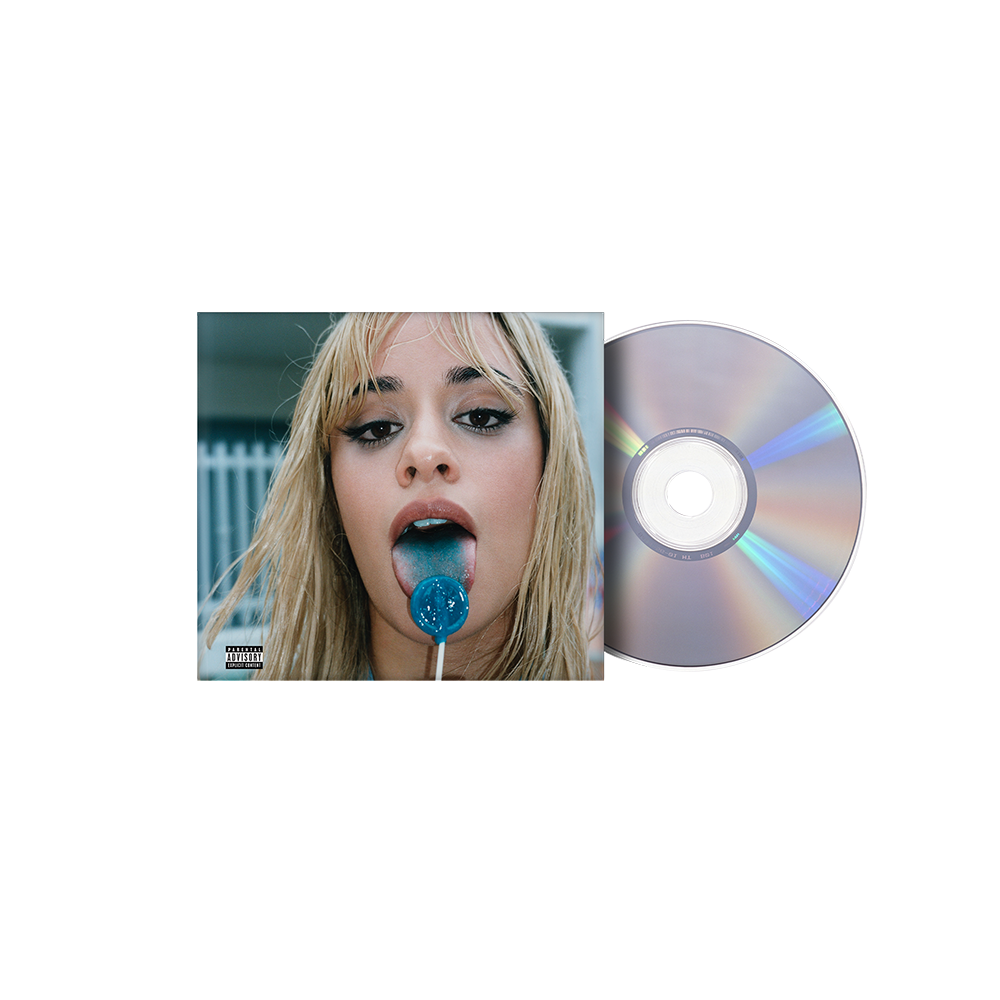 Camila Cabello album cover and CD, with a blue lollipop.
