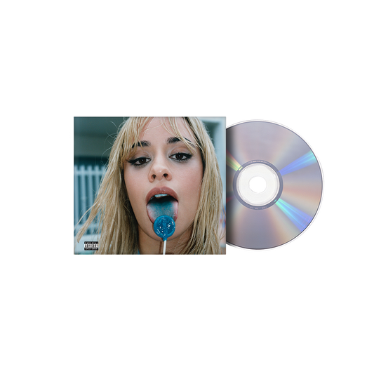 Camila Cabello album cover and CD, with a blue lollipop.