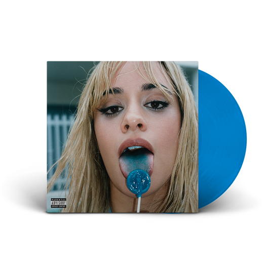 Camila Cabello album cover and blue vinyl record shown.