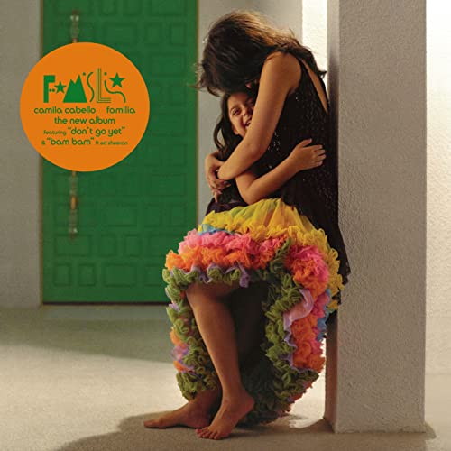 Camila Cabello album cover: woman and child embraced, colorful ruffled skirt.