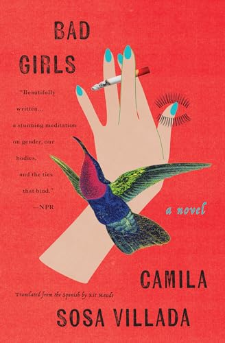 A hand with blue nails holds a cigarette over a hummingbird on red background.