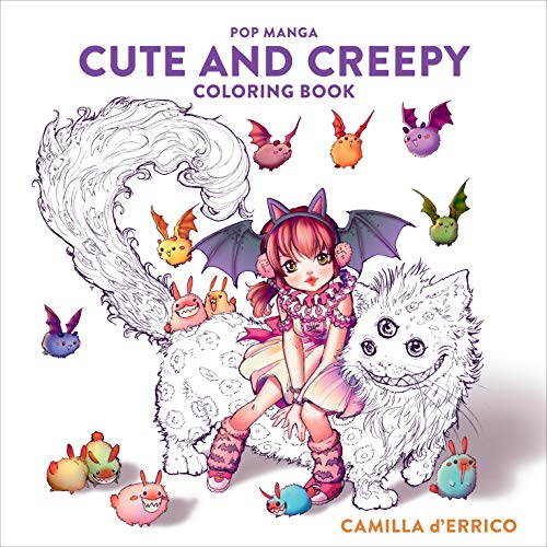 Coloring book with cute and creepy manga-style illustrations for adults and teens.