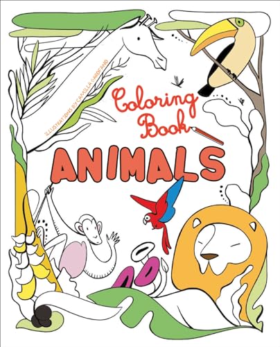 Cover of an Animals coloring book featuring illustrations of a giraffe, toucan, monkey, and lion.
