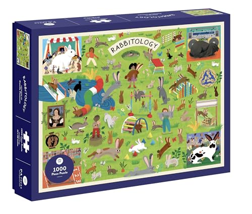 Box for 1000-piece puzzle depicting a whimsical scene of rabbits and people.