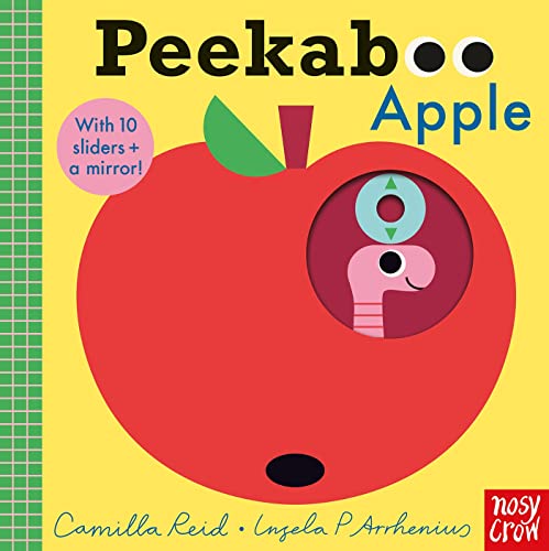 Red apple with a worm peeking through a circular hole.