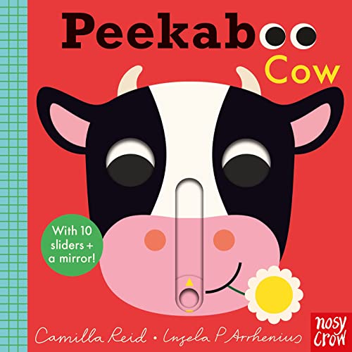Black and white cow face with pink nose and yellow flower, interactive book.