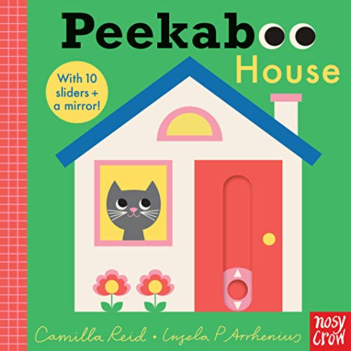 Bright board book cover with a house, cat, flowers, and sliding panels.