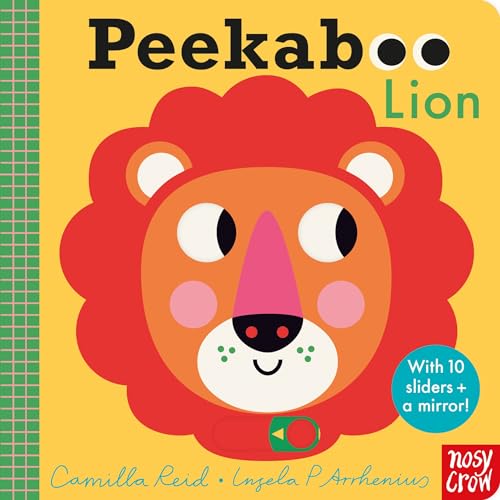 Bright orange lion face with pink nose and white mane details.