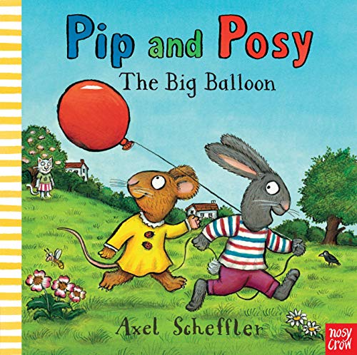 Mouse and rabbit running with a red balloon in a field.
