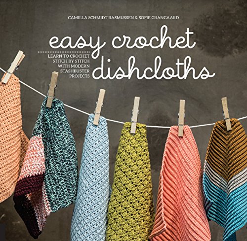 Book cover with colorful crocheted dishcloths hanging on a clothesline.
