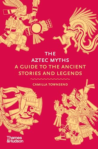 Book cover with red background, gold Aztec illustrations, and white text title and author.