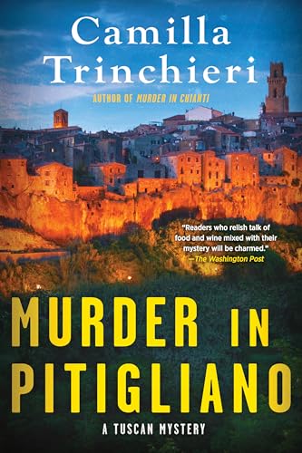 Book cover: Italian hilltop town of Pitigliano at sunset, title “Murder in Pitigliano”.
