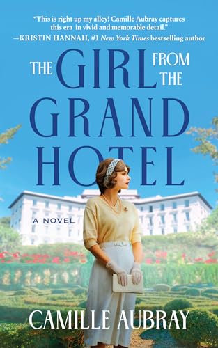 Book cover: woman in vintage clothing before a large white hotel.
