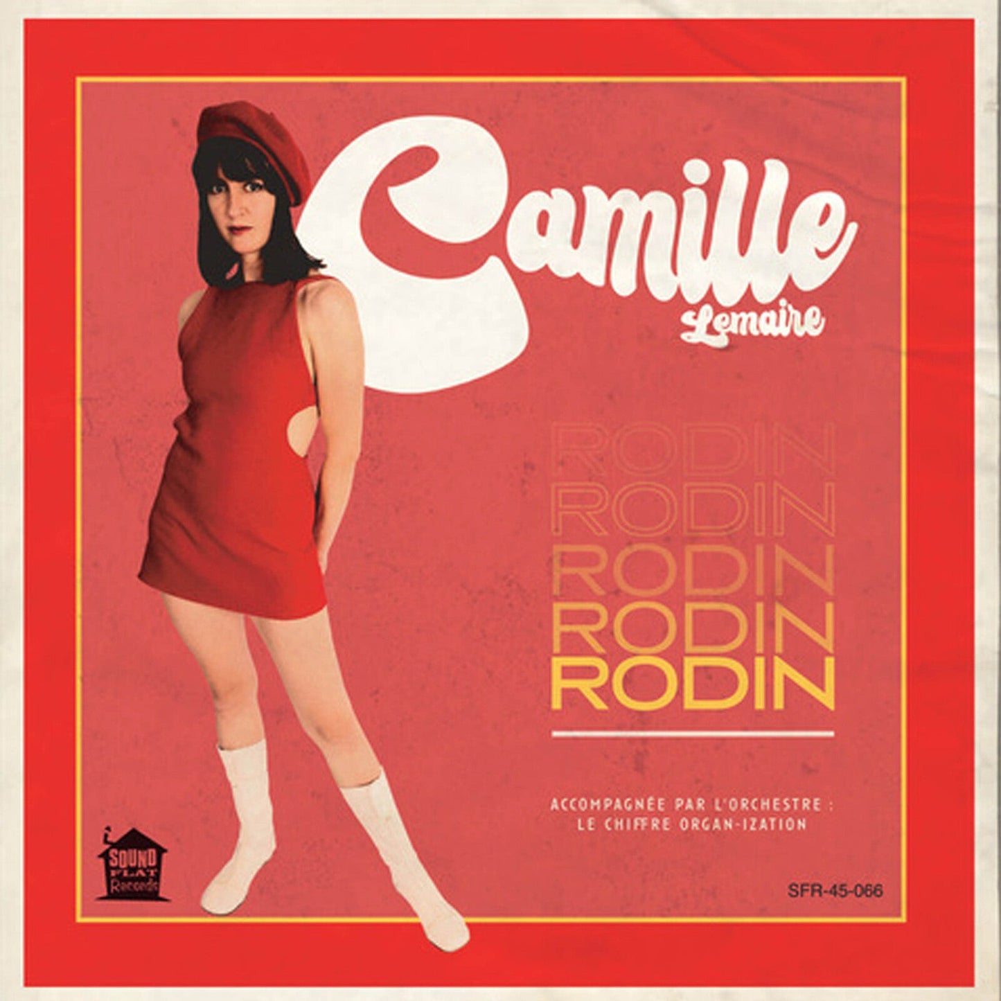 Record cover featuring a woman in red with bold text and repeating "Rodin".