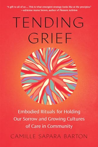 Book cover titled Tending Grief with a colorful abstract circular design on orange background.
