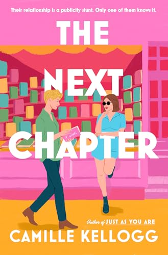 Book cover: two people in front of a bookstore, pink and white design.