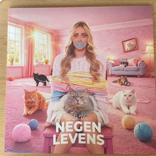 Vinyl album cover featuring a woman with cats and yarn in a pink room.