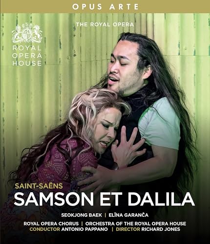 Blu-ray cover for Saint-Saëns' *Samson et Dalila* opera, featuring two singers.