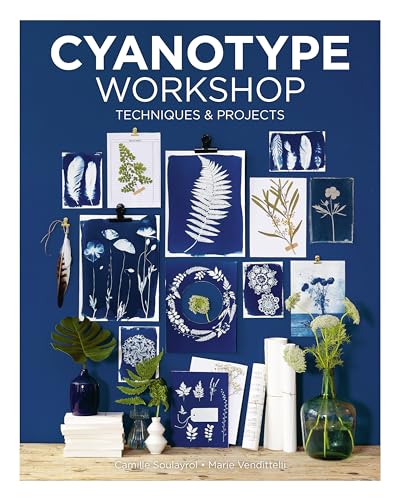 Book cover titled Cyanotype Workshop featuring various blue and white botanical cyanotype art prints.