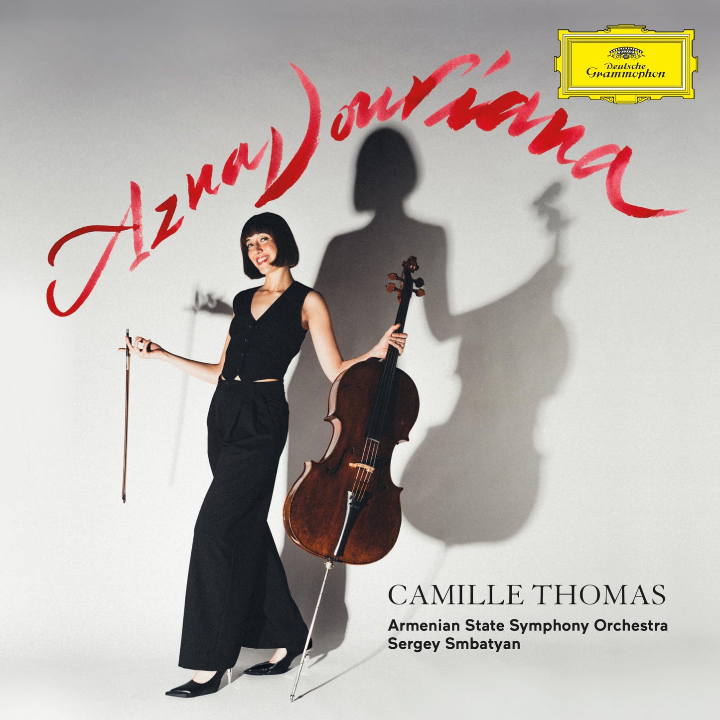 Cellist Camille Thomas with her instrument, album cover for "Aznavouriana".