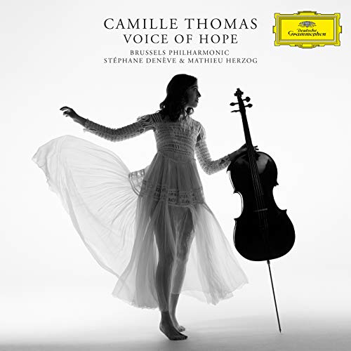 CD cover featuring a woman in flowing dress holding a cello, black and white image.