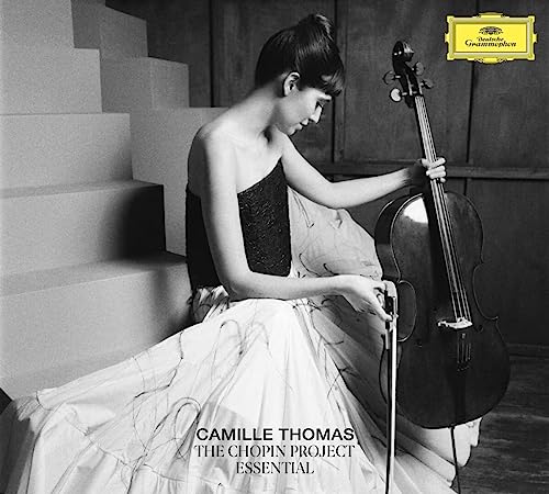 Cellist Camille Thomas in a black dress, album cover for "The Chopin Project.