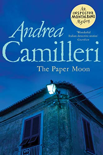 Book cover: "The Paper Moon" by Andrea Camilleri, with a coastal scene.