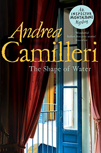 Book cover: “The Shape of Water” by Andrea Camilleri, with red curtains.