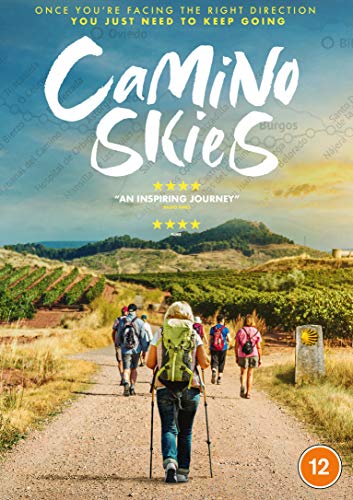 "Camino Skies DVD cover featuring hikers on a dirt path with vineyards in the background."